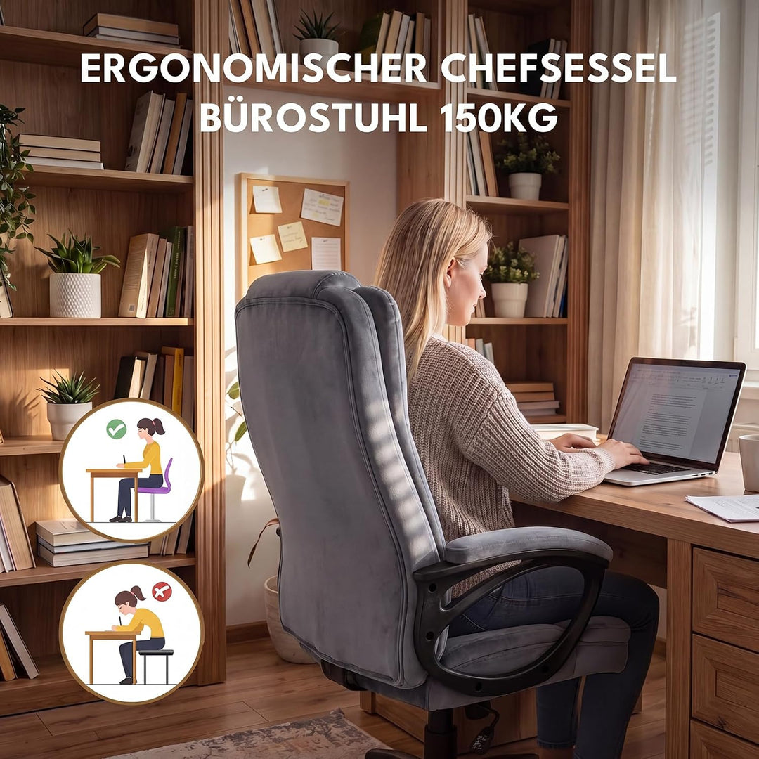 Bürostuhl mit Wippfunktion 150kg, Chefsessel Hohe Rückenlehne Grau, Grau