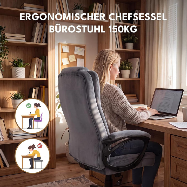 Bürostuhl mit Wippfunktion 150kg, Chefsessel Hohe Rückenlehne Grau, Grau