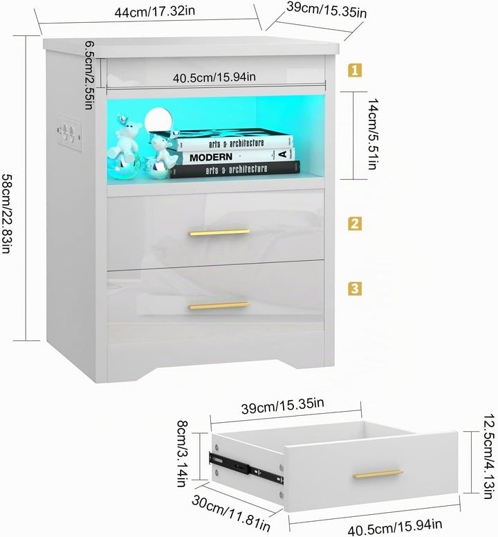 PIPIPOXER LED Nachttisch mit Steckdose, Nachttisch in Weiss mit grossen Stauraum, Nachtschrank Led L
