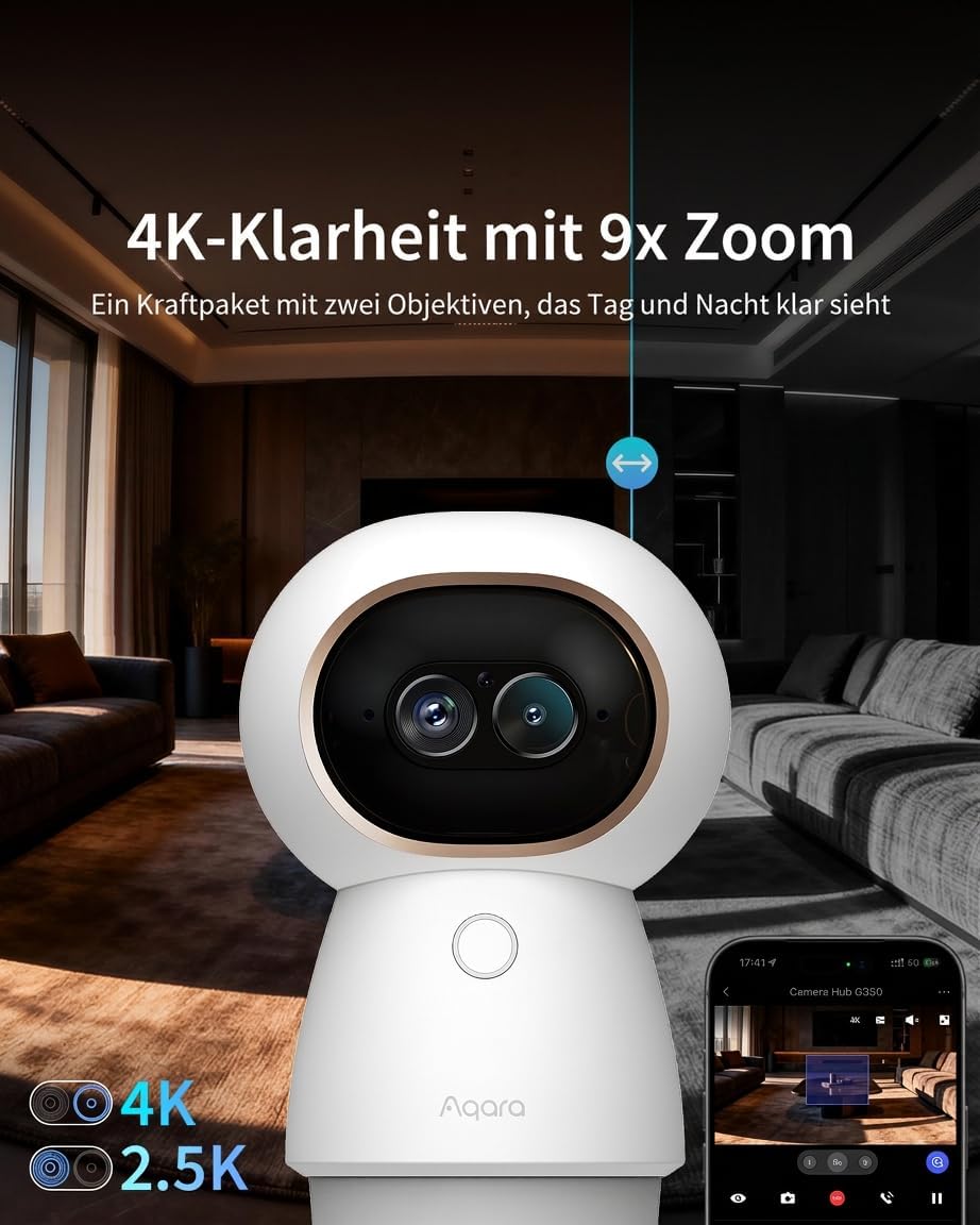 Aqara 4K UHD Dual Objektiv Kamera-Hub G350, Überwachungskamera Innen mit 9X Zoom und 360° PTZ, KI-Au