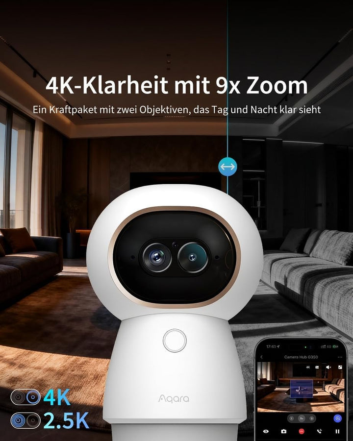 Aqara 4K UHD Dual Objektiv Kamera-Hub G350, Überwachungskamera Innen mit 9X Zoom und 360° PTZ, KI-Au