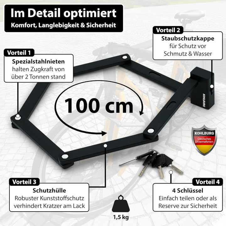 KOHLBURG Faltschloss Sicherheitsschloss [9mm dicke Faltglieder, 100cm lang] – Fahrradschloss mit Hal