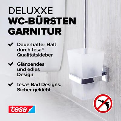 tesa DELUXXE Toilettenbürsten-Set, verchromt, mit satiniertem Glas - zur Wandbefestigung ohne Bohren