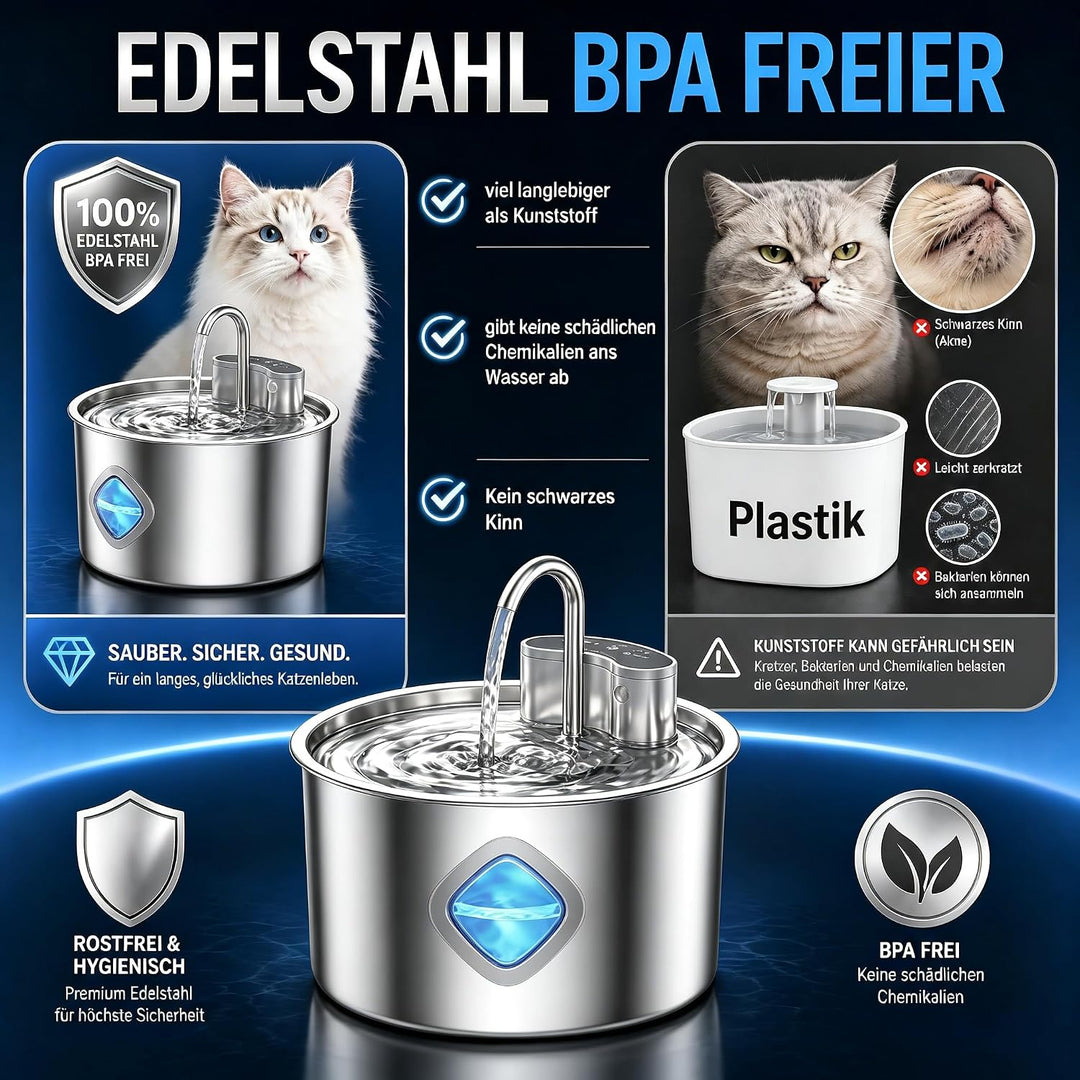 Trinkbrunnen für Katze Kabellos 3.2L mit Bewegungsmelder ＆ 2 Ersatzfiltern | Edelstahl, Leiser, Wass