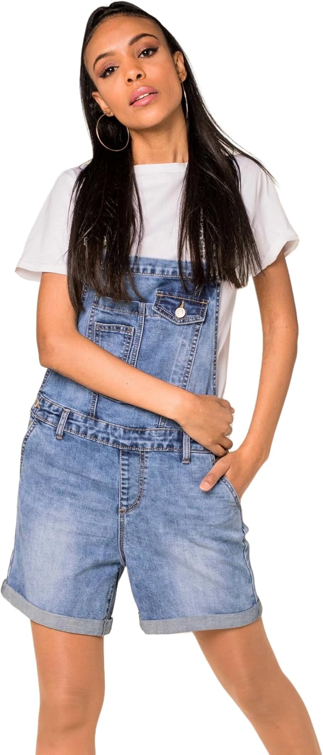 Nina Carter S511 Damen Jeans Latzshorts – Kurze Latzhose aus Denim mit Brusttaschen & Knöpfen – Somm