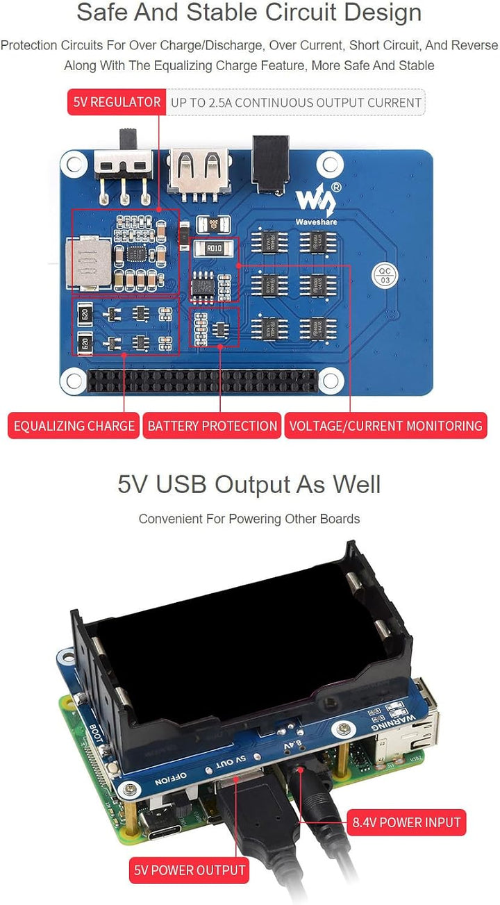 Waveshare UPS HAT Compatible with Raspberry Pi 5V Uninterruptible Power Supply Multi Battery Protect