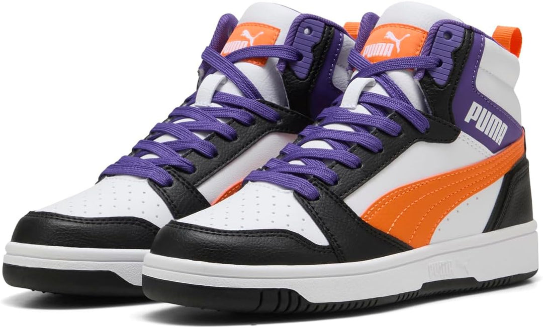 Puma Unisex Kinder Rebound V6 Mid JrSneaker 36 EU Puma Weiss Orange Glo Puma Schwarz, 36 EU Puma Wei