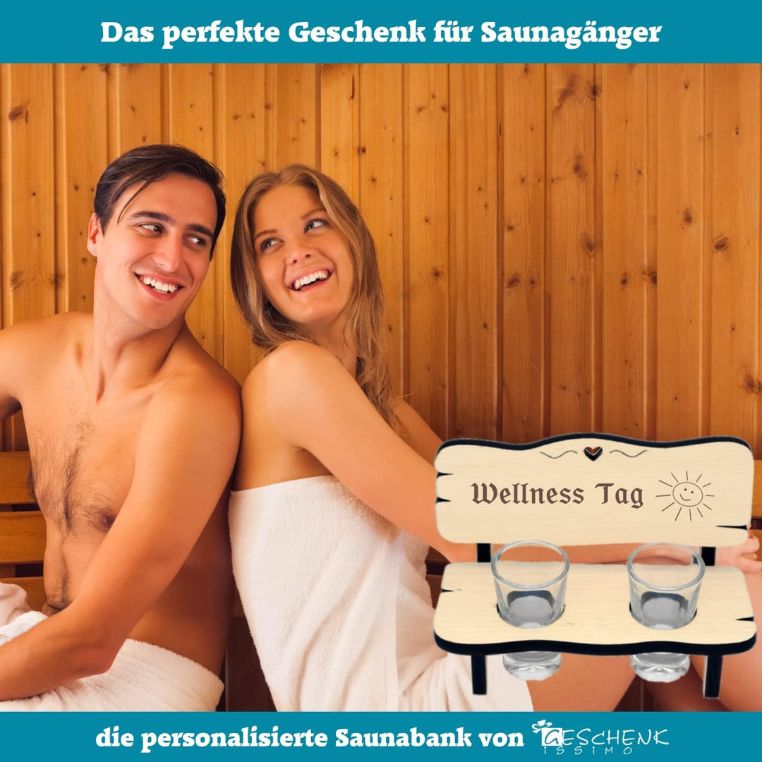 Saunabank mit Schnapsgläsern - Gravur mit Name + Spruch - mit Zwei Gläser oder 4, Geschenkidee für S