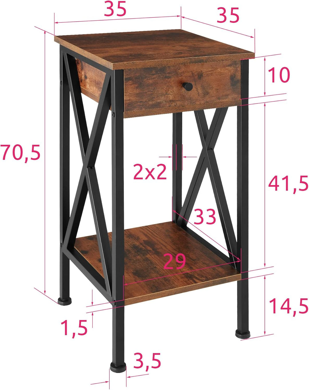 tectake Beistelltisch mit Schublade und Ablageflächen, Nachttisch Boxspringbett, Industrie-Design, 3