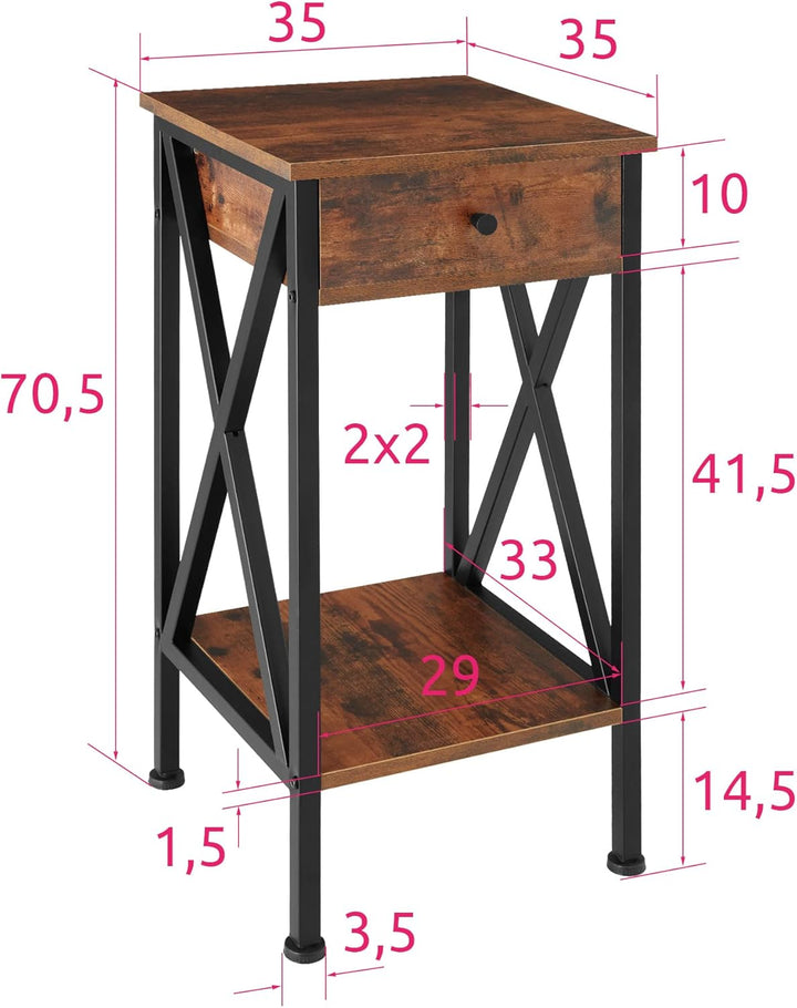 tectake Beistelltisch mit Schublade und Ablageflächen, Nachttisch Boxspringbett, Industrie-Design, 3