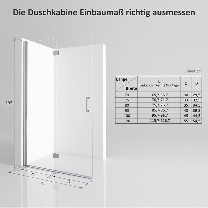 Walk in Duschwand, 120x195 cm Falttür Dusche Duschtrennwand 180° Duschwand 6mm ESG-Sicherheitsglas N