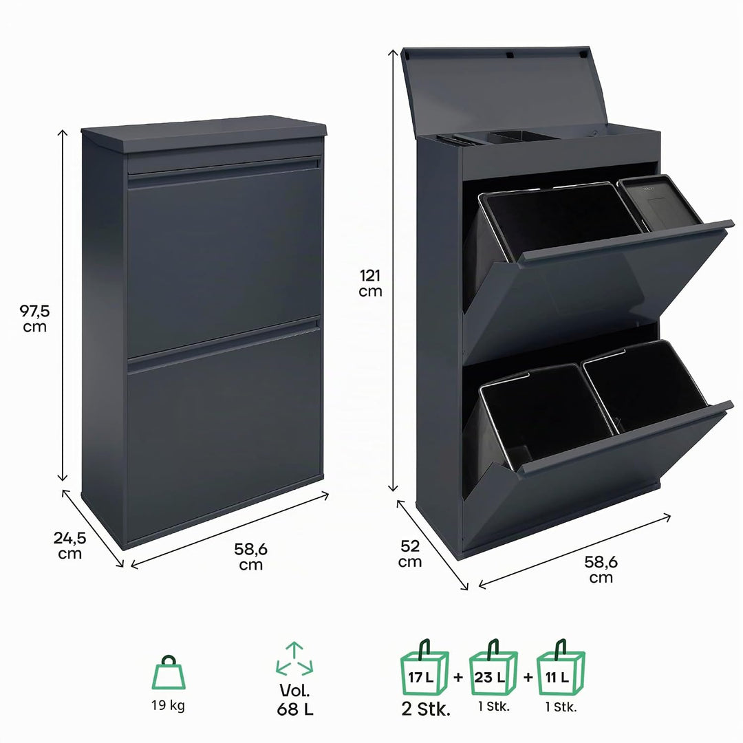 ARREGUI Top CR624-B2 Mülltrennsystem aus Stahl mit Aufbewahrungsbox mit Deckel | 4 Fächer Mülleimer
