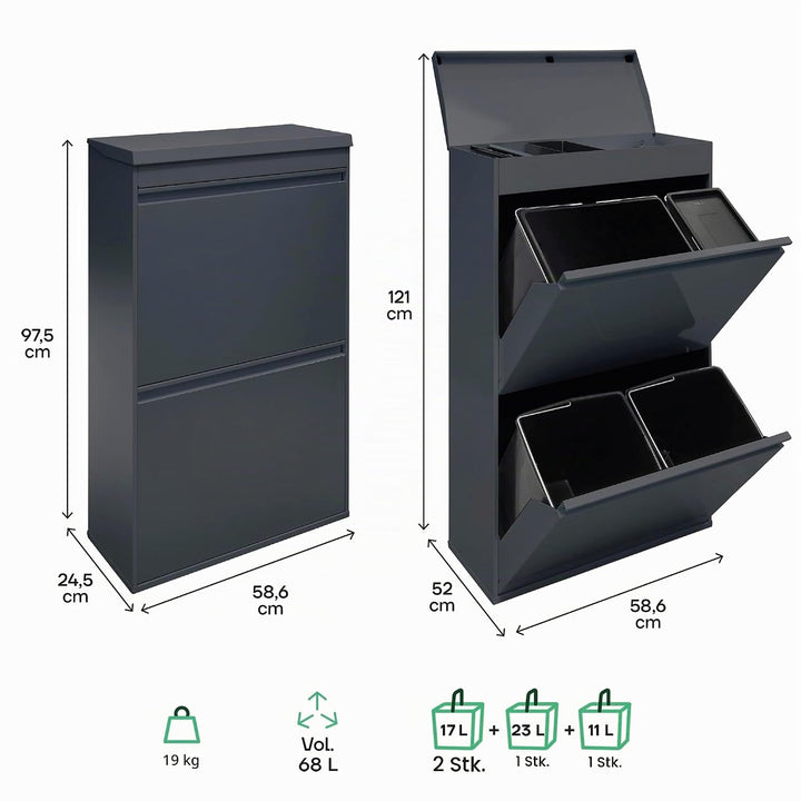ARREGUI Top CR624-B2 Mülltrennsystem aus Stahl mit Aufbewahrungsbox mit Deckel | 4 Fächer Mülleimer