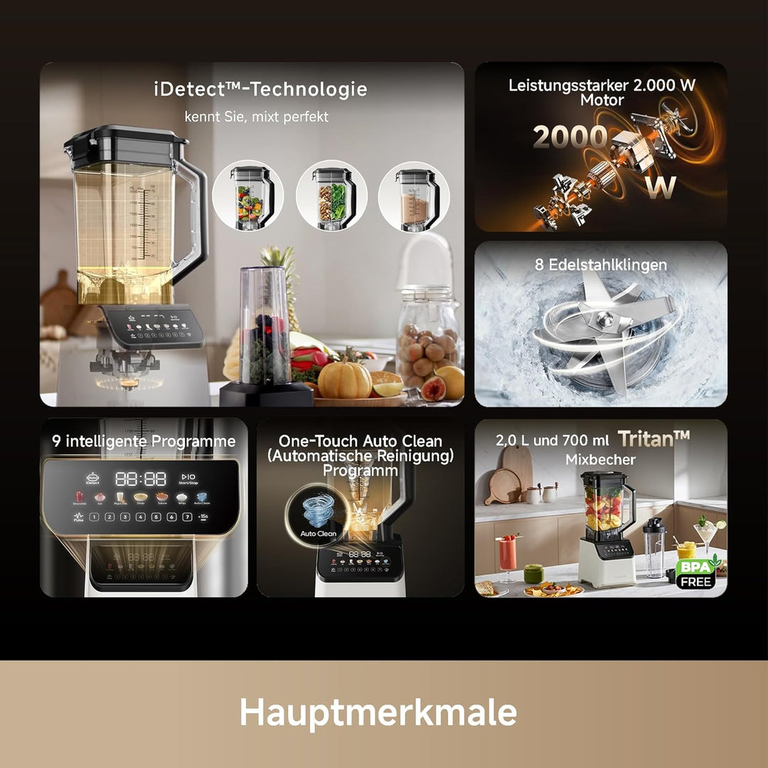 Dreame BlendLogic™ Hochleistungs-Mixer, iDetect™-Technologie, 2 Tritan™ Mixbecher (2,0 L & 700 mL),