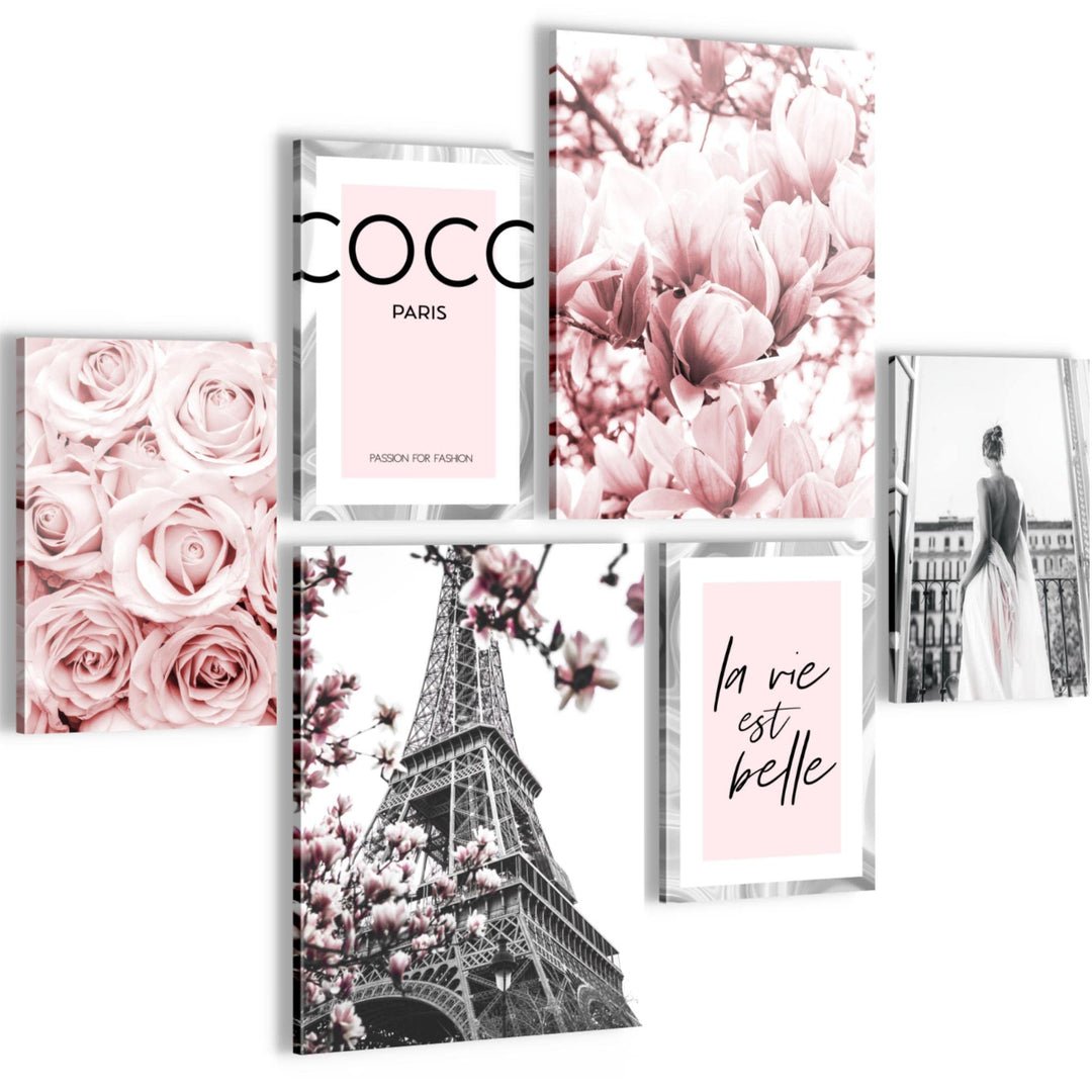 Novart Bilder Set - AUFHÄNGFERTIG - KEIN EXTRA RAHMEN BENÖTIGT - Fashion Coco Modern Grau Rosa - Woh