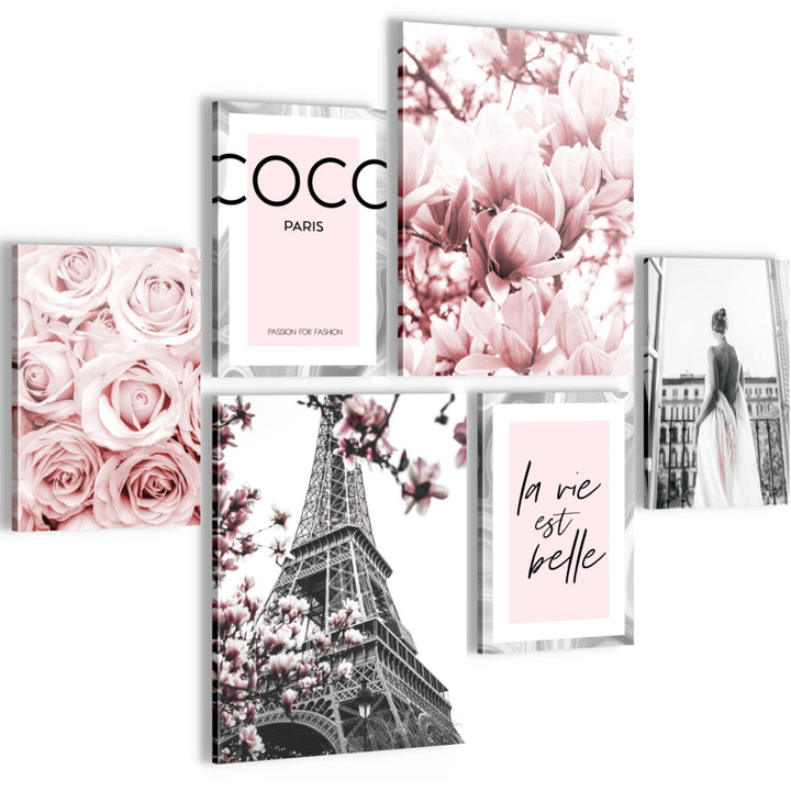 Novart Bilder Set - AUFHÄNGFERTIG - KEIN EXTRA RAHMEN BENÖTIGT - Fashion Coco Modern Grau Rosa - Woh