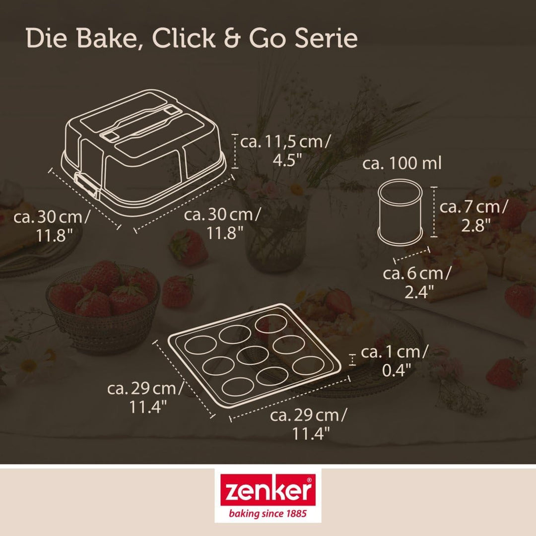 Zenker Bake, Click & Go 9er Törtchenblech mit Haube – 29 x 29 x 7 cm – Backform mit passendem Deckel
