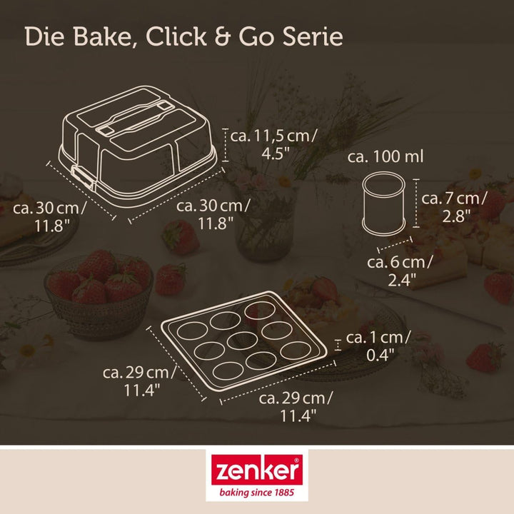 Zenker Bake, Click & Go 9er Törtchenblech mit Haube – 29 x 29 x 7 cm – Backform mit passendem Deckel
