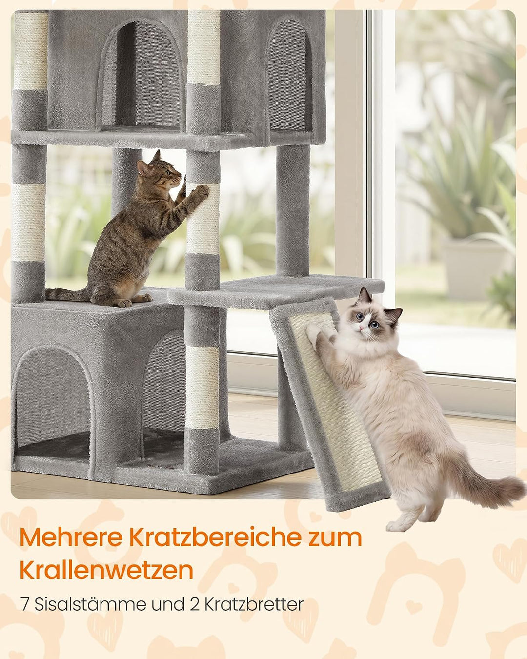 Feandrea Kratzbaum gross, 184,5 cm hoch, Katzenbaum, Katzenkratzbaum, mit 7 Kratzsäulen, 2 Kratzbret