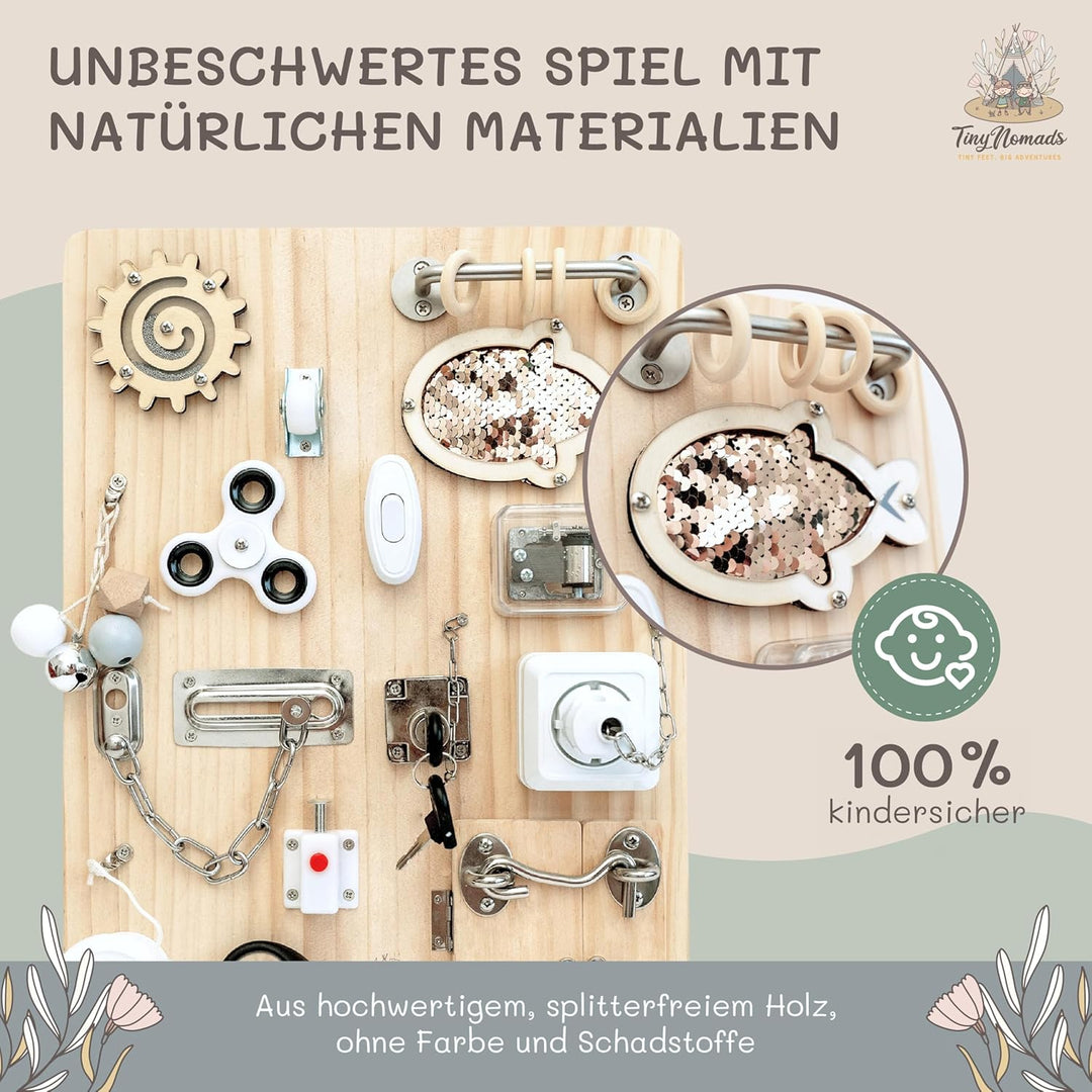 Tiny Nomads Montessori Busy Board motorikbrett ab 1 2 3 4 Jahr - Motorikboard für Baby Sensorik Acti
