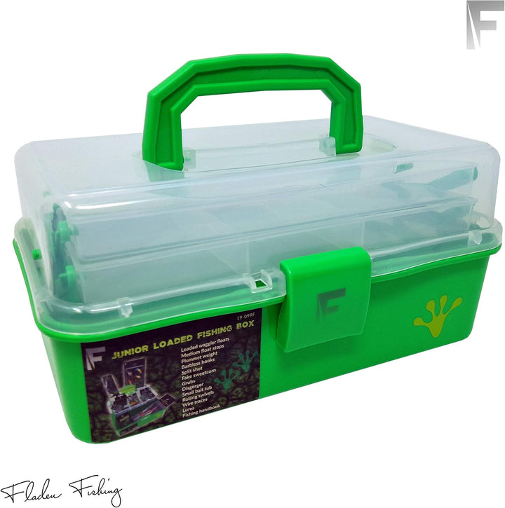 FLADEN Angelkasten für Kinder, mit Flussgeladen, 2 Fächern, 28 cm x 17 cm x 13 cm, Grün, Grün
