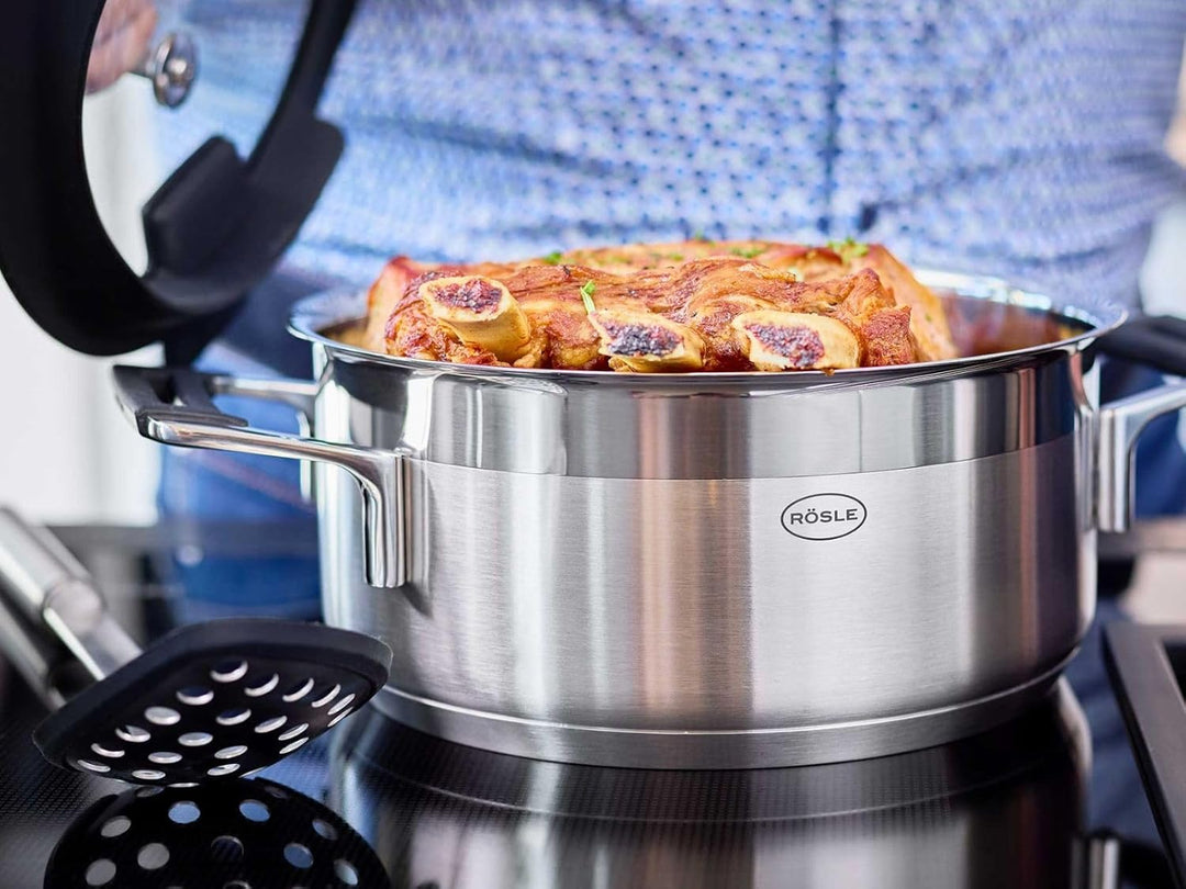 RÖSLE SILENCE PRO Kochtopf, Hochwertiger Universaltopf aus Edelstahl 18/10, 24 cm, Glasdeckel, Innen