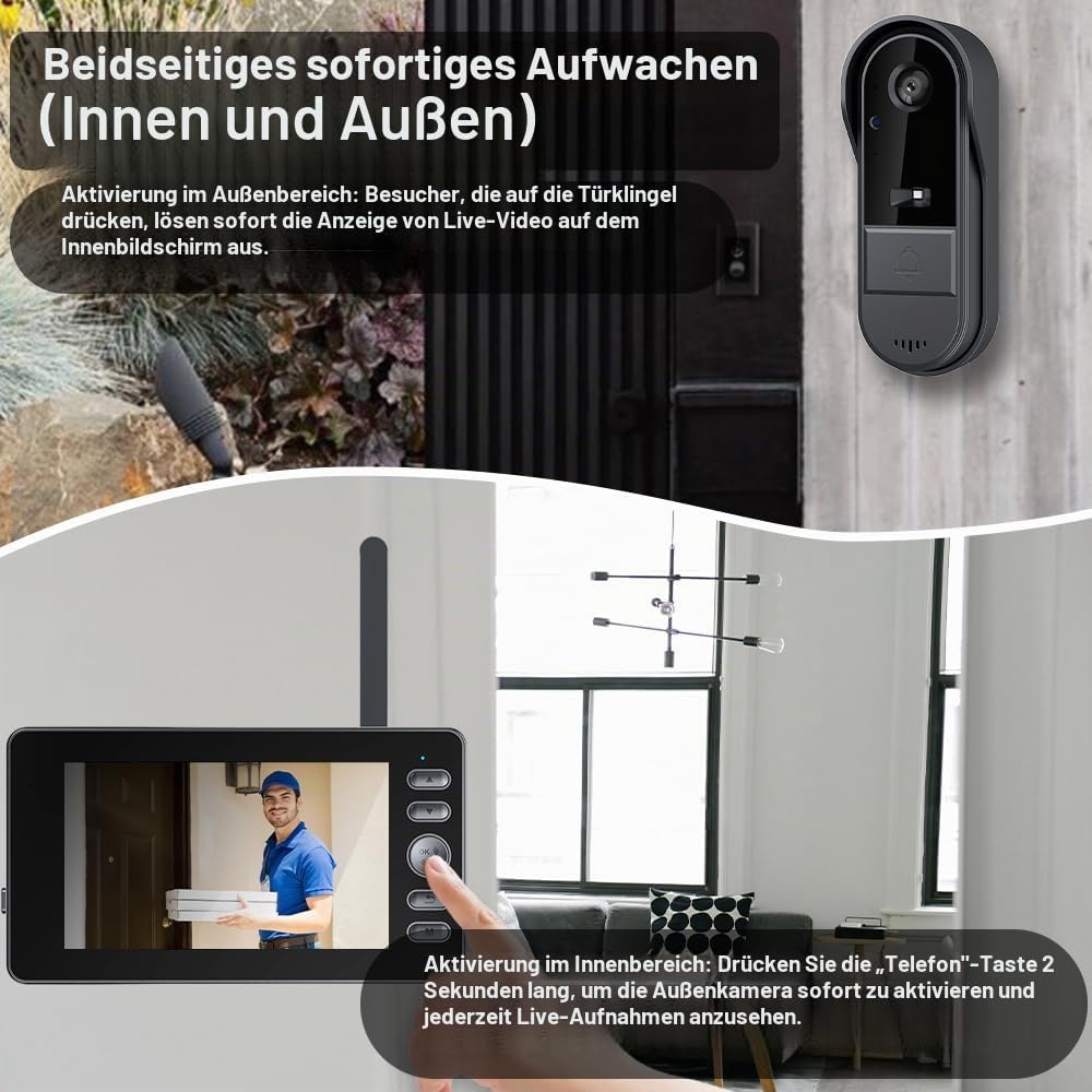 Drahtlose Videoklingel mit Kamera 1080P Funkklingel Aussen Wasserdicht Kabellos Türklingel mit 4,3 Z