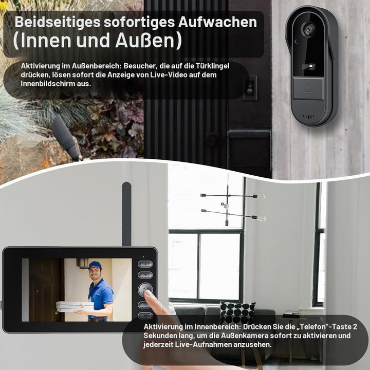 Drahtlose Videoklingel mit Kamera 1080P Funkklingel Aussen Wasserdicht Kabellos Türklingel mit 4,3 Z