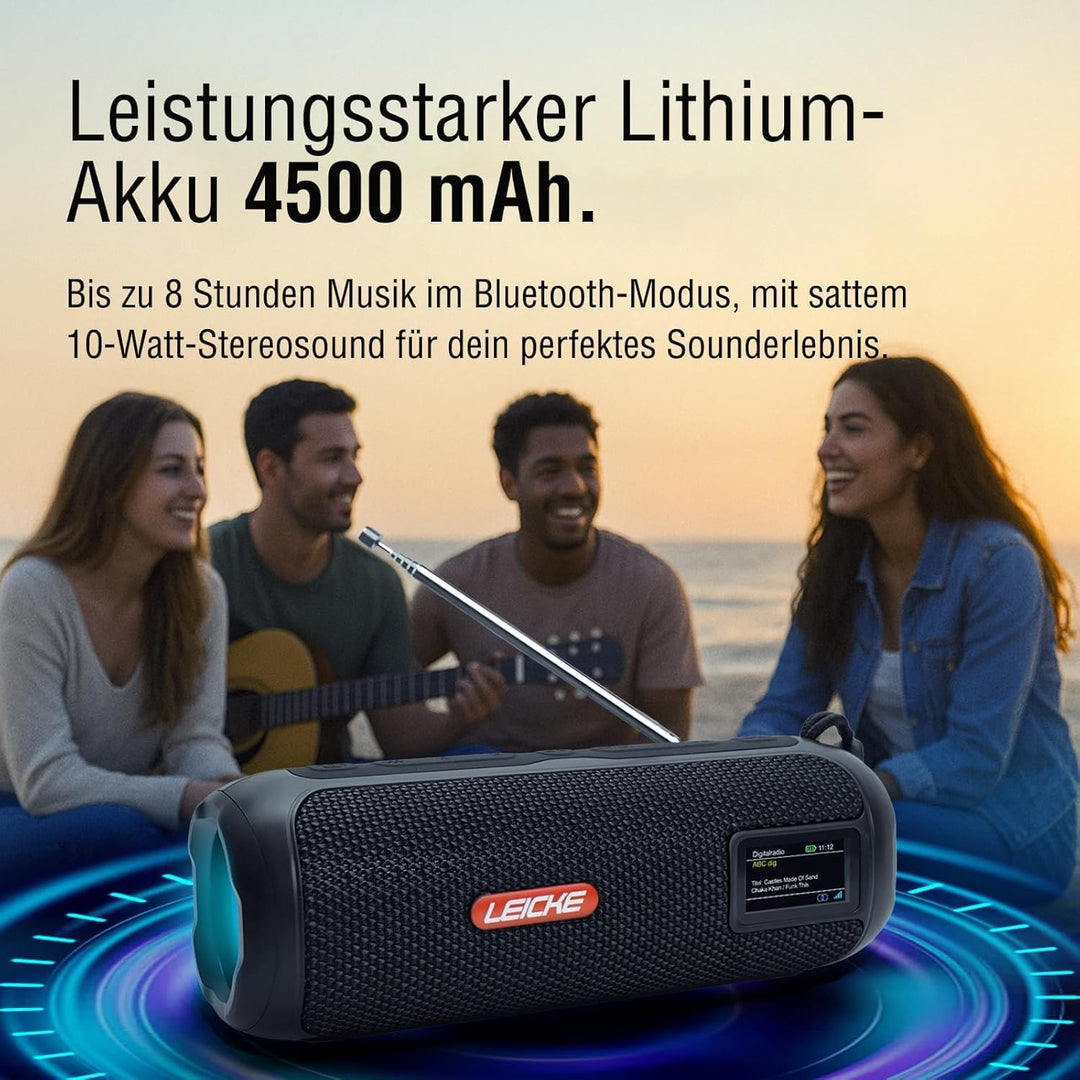 LEICKE DAB+ Radio Tube - Tragbarer Bluetooth Lautsprecher mit DAB+/FM, 4500mAh Akku, RGB-LED Lichter