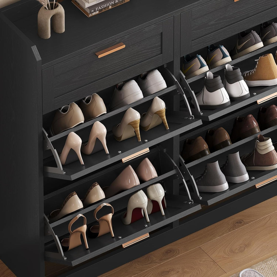 Schuhschrank mit 4 Klappen, Schuhkipper Schmal, Schuhschrank mit 2 Schubladen, Trennwand Verstellbar