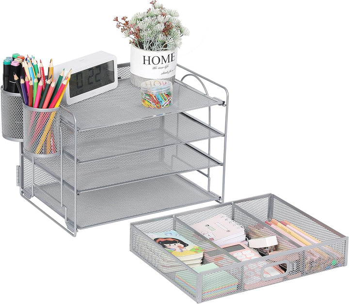 Vikmyer 4-Trays Desktop File Organizer, Mesh Office Desk Supplies Organizer Dokument Brieffachhalter