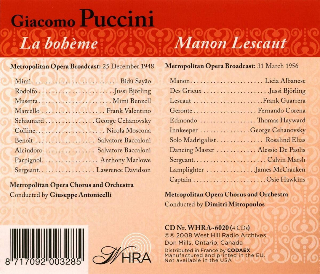 La Boheme (1948) / Manon Lescaut (1956), Audio-CD