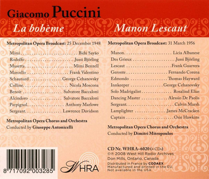 La Boheme (1948) / Manon Lescaut (1956), Audio-CD