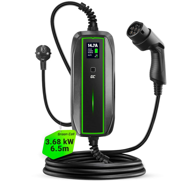 Green Cell EV Ladegerät Typ 2 Ladekabel Schuko für Elektroautos 10A / 16A 3,68kW 6,5m 1-Phasig LCD D