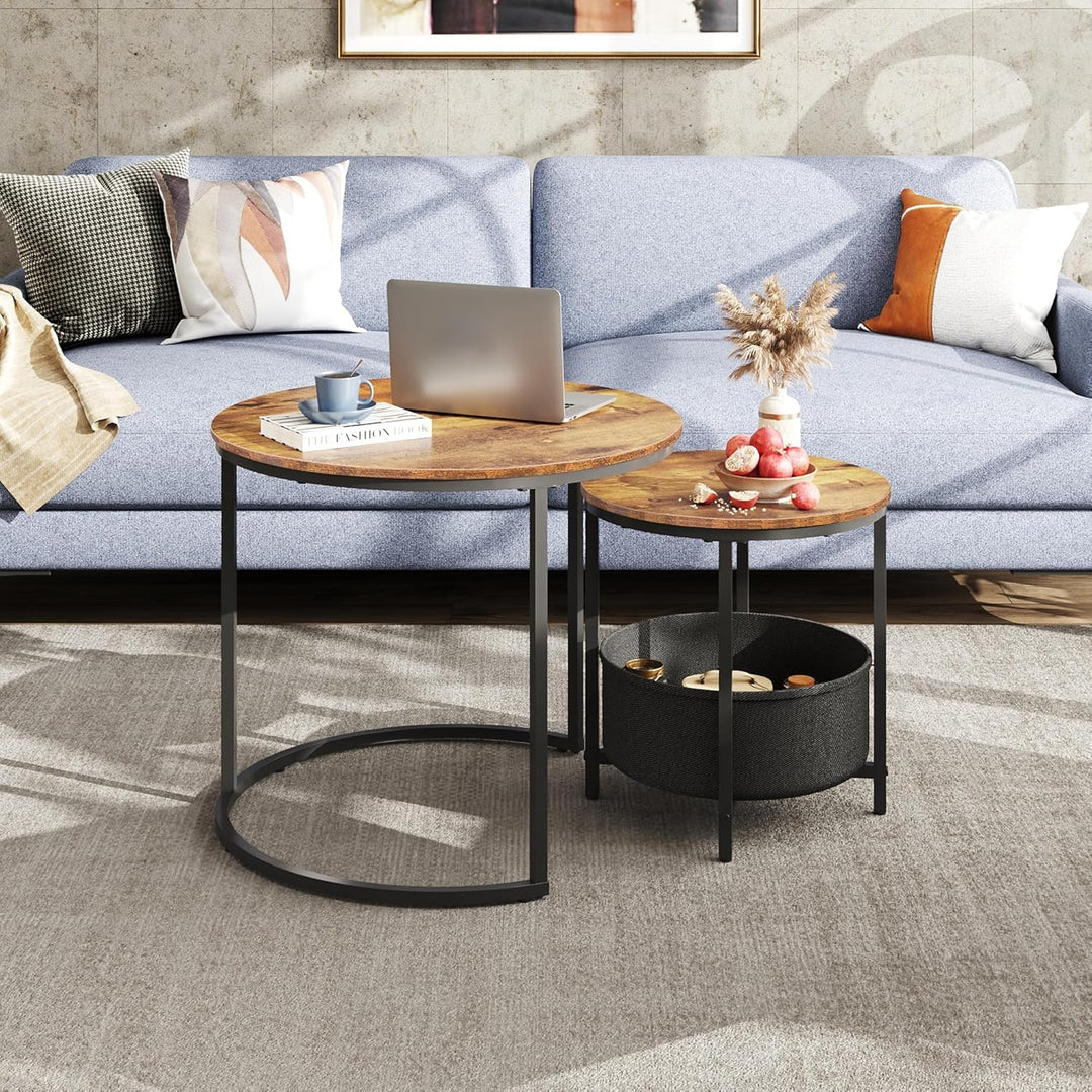 WLIVE Couchtisch 2er Set, Beistelltisch Rund mit Stauraum, Wohnzimmertisch Holz mit Metallrahmen, So