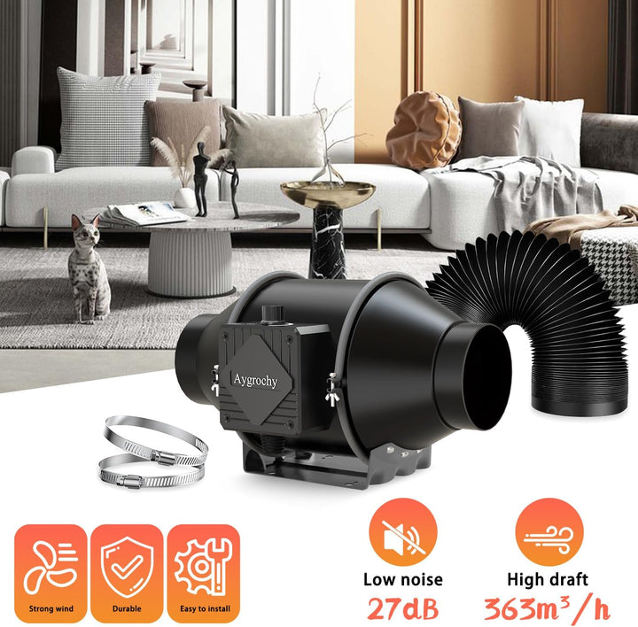 Aygrochy 100mm Regelbar Rohrventilator mit Abluftschlauch, Drehstrom EC motor Abluftventilator für H