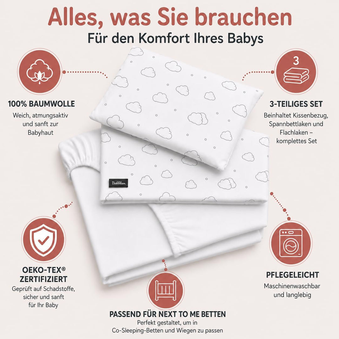 Bubblin Sheets Next to Me kompatibel 83x50 cm 3er Set: Kissenbezug + Top Sacklaken + Matratzenbezug