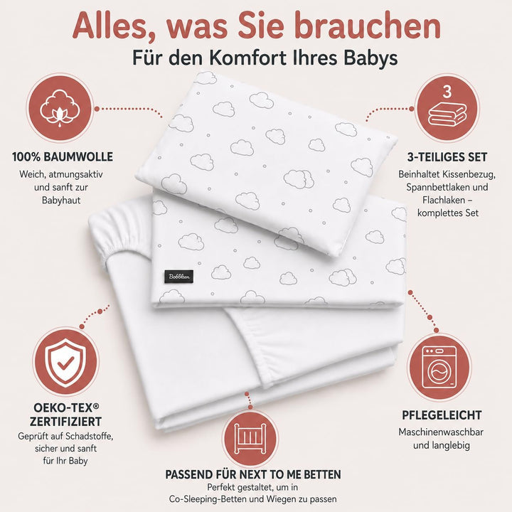 Bubblin Sheets Next to Me kompatibel 83x50 cm 3er Set: Kissenbezug + Top Sacklaken + Matratzenbezug