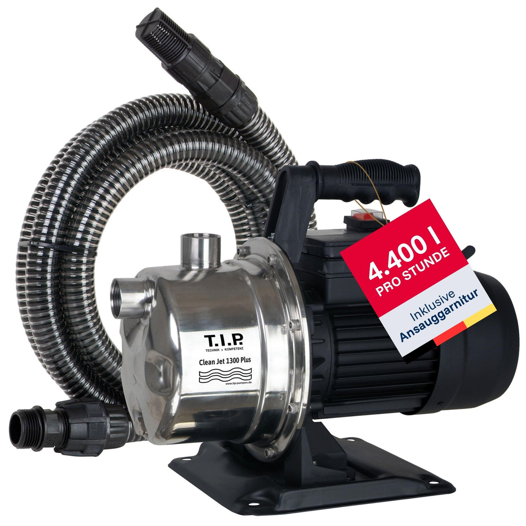 T.I.P. Gartenpumpe Edelstahl mit 4 m Ansauggarnitur (4.400l/h Fördermenge, 50m Förderhöhe, 5,0bar Dr