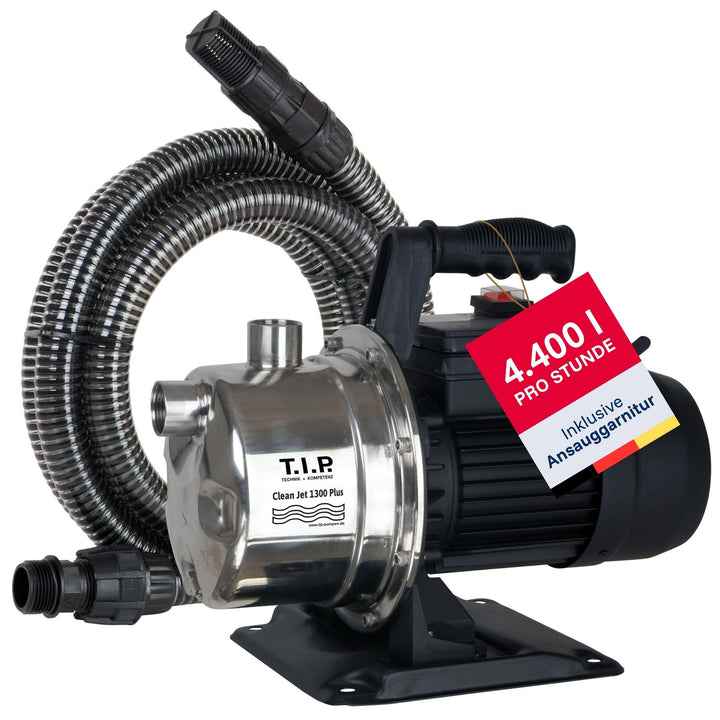 T.I.P. Gartenpumpe Edelstahl mit 4 m Ansauggarnitur (4.400l/h Fördermenge, 50m Förderhöhe, 5,0bar Dr
