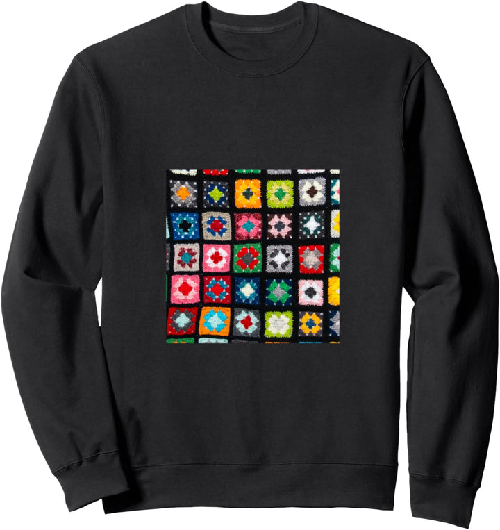 Schwarzes, buntes gehäkeltes Oma-Muster Sweatshirt