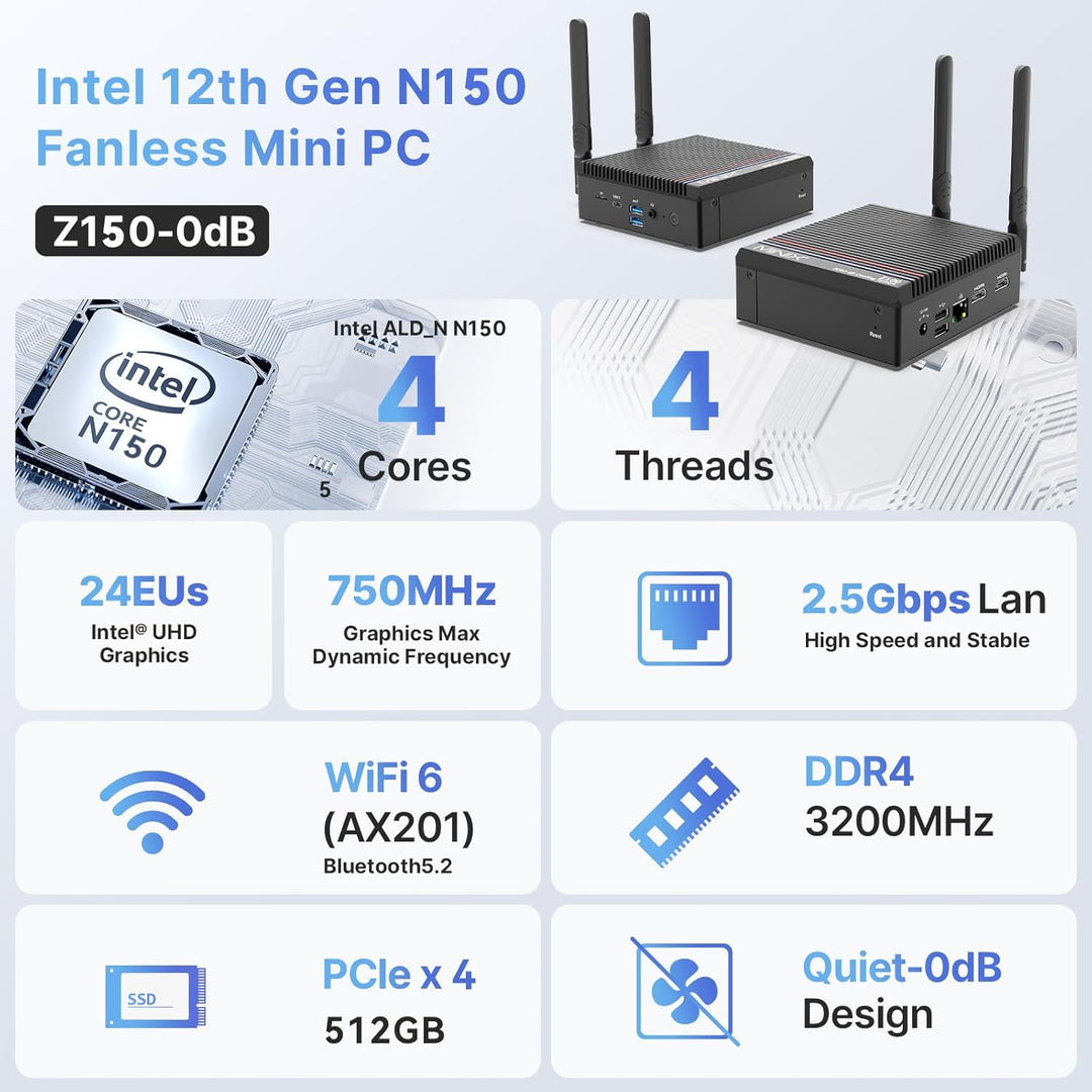 MINIX Z150-0dB lüfterloser Mini PC, Intel N150, 16GB DDR4, 512GB M.2 PCIe Gen3 x 4 NVMe SSD Mini Des