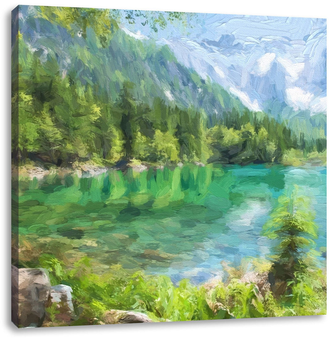 Pixxprint See umgeben vom Wald als Leinwandbild/Grösse: 70x70 cm/Wandbild/Kunstdruck/fertig bespannt