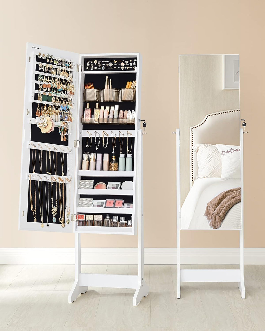 SONGMICS Schmuckschrank, Spiegelschrank stehend, mit 2 separaten Make-up Organizern, rahmenloser Gan