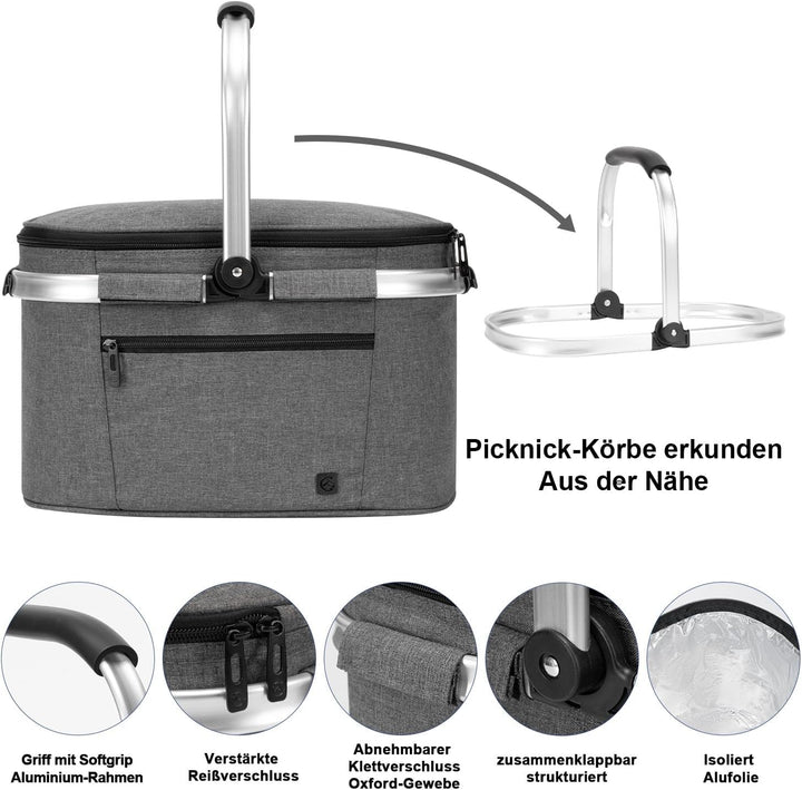 ALLCAMP 22L Einkaufskörbe Gross Isolierkorb Kühlkorb Kühltasche Picknickkorb Thermotasche Kühltasche