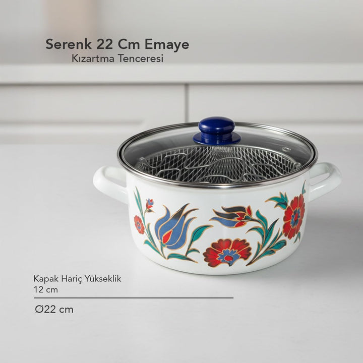 Serenk Emaille-Frittiertopf, 22 cm, 4 L, dekoriert, mit Glasdeckel und Frittierkorb, dunkelblauer Ku