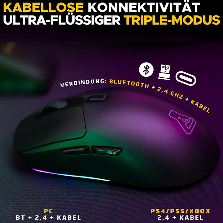 The G-Lab – Kult Titanium – Kabellose Gaming-Maus Bluetooth / 2.4 GHz/Kabel – Triple-Modus, 100h Akk