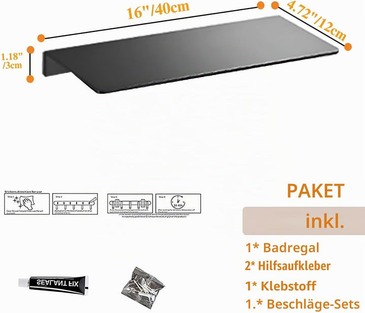 40CM Duschablage Ohne Bohren Aluminium Badablage Schwarz Selbstklebende für Badezimmer Schlafzimmer