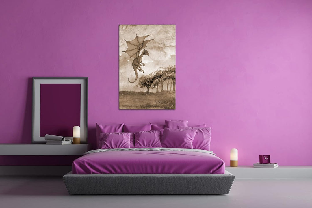 deyoli Fantasiegemälde eines lila Drachen Format: 80x60 als Leinwand, Effekt: Sepia, Motiv fertig ge