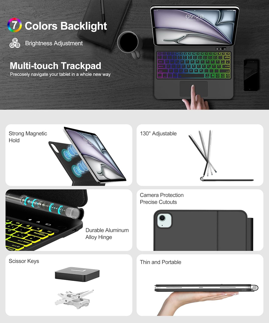 JADEMALL Magic Keyboard für iPad Air 13 M3 2025 & M2 2024-7-Farben Beleuchtung, Trackpad, Magnetisch